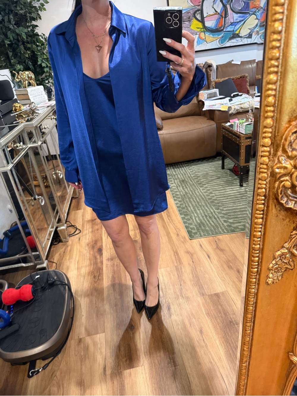Forever21 Silky Royal Blue Satin Shirt Dress Set - NWOT